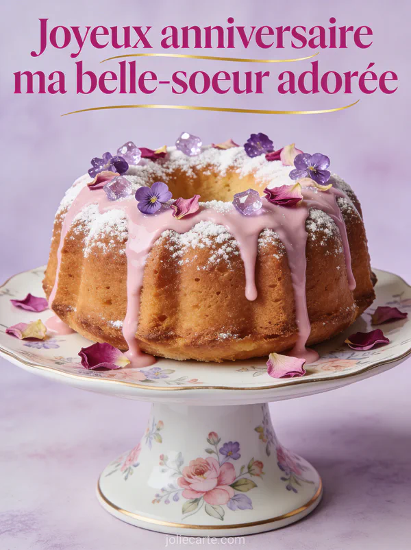 Bundt cake saupoudré de sucre glace avec glaçage rose, violettes cristallisées sur présentoir en porcelaine fleurie