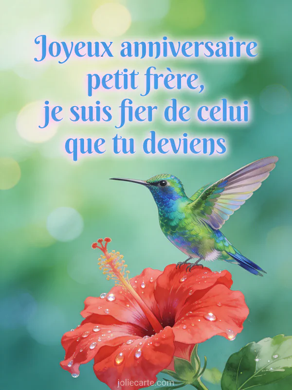 Colibri irisé aux plumes vertes et bleues en vol devant un hibiscus rouge avec gouttelettes de rosée