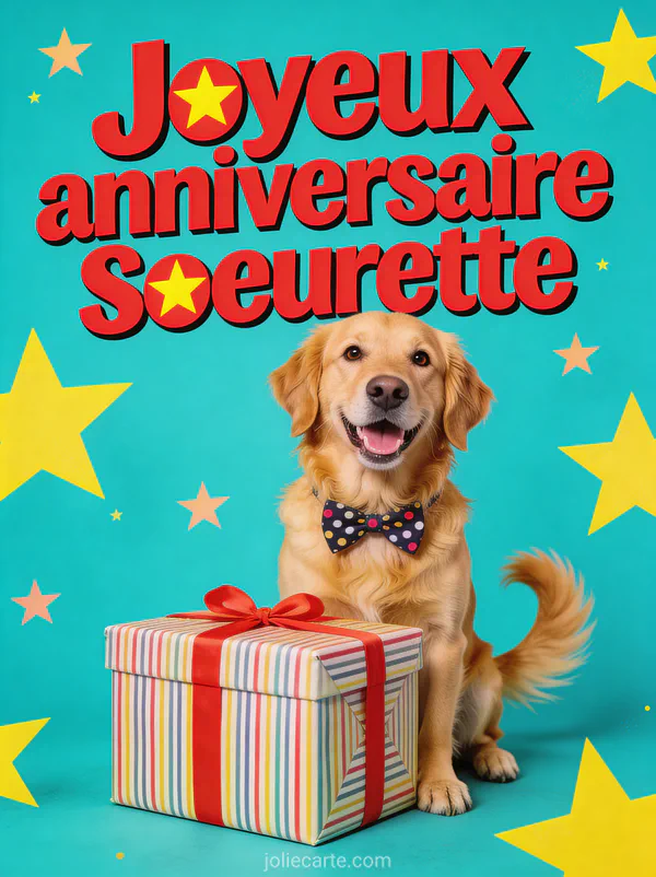 Golden retriever joyeux avec nœud papillon à pois assis devant un gros cadeau rayé sur fond turquoise