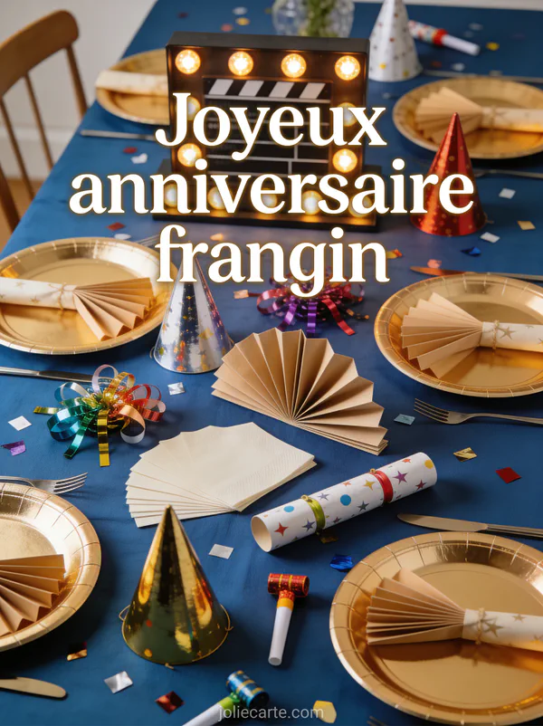 Table de fête vue en plongée avec assiettes dorées, cotillons colorés, chapeaux de fête et confettis sur nappe bleu roi