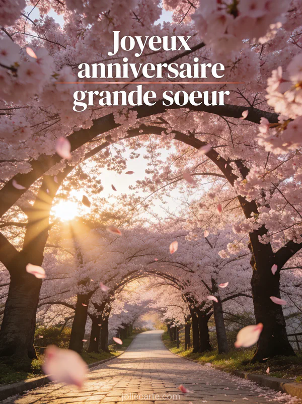 Allée de cerisiers en fleurs formant une arche rose au-dessus d'un chemin pavé avec pétales et rayons dorés