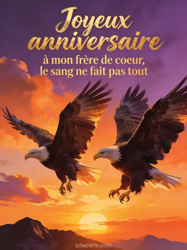 Deux aigles majestueux volant côte à côte dans un ciel de coucher de soleil orange et pourpre avec montagnes