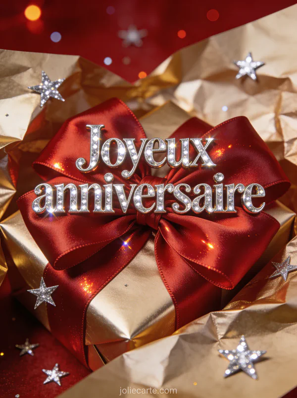 Gros nœud cadeau en satin rouge vif avec papier d'emballage doré et étoiles argentées sur fond rouge profond