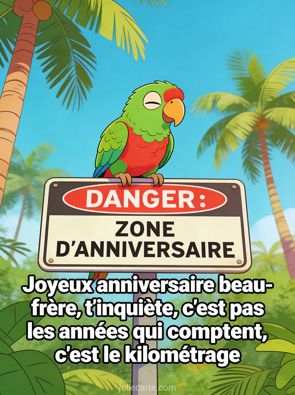 Perroquet vert et rouge comique perché sur un panneau Zone d'Anniversaire avec fond tropical et palmiers
