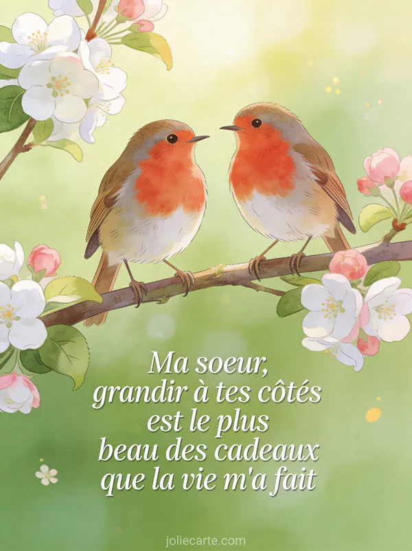 Deux rouge-gorge perchés côte à côte sur une branche de pommier en fleurs blanc et rose en lumière matinale