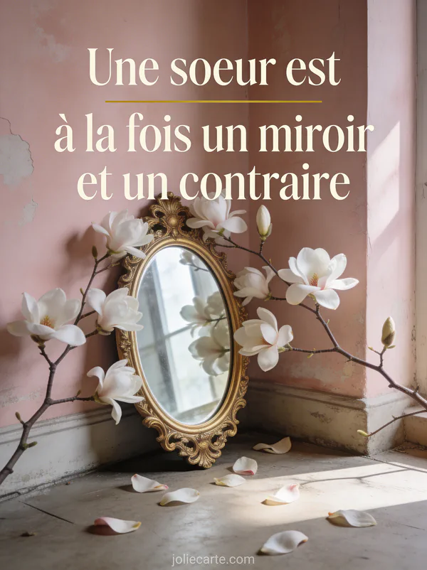 Miroir ovale ancien au cadre doré ouvragé encadré de branches de magnolia blanc contre mur vieux rose