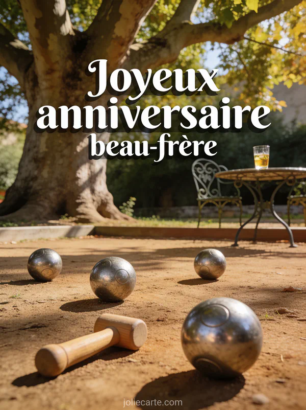 Terrain de pétanque provençal sous un platane avec boules métalliques, cochonnet et lumière estivale dorée