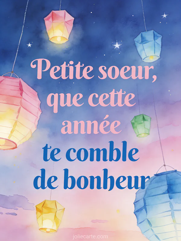 Lanternes en papier colorées flottant dans un ciel crépusculaire bleu violet avec premières étoiles