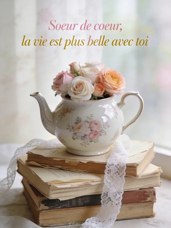 Roses David Austin rose pâle et pêche dans théière vintage en porcelaine fleurie posée sur vieux livres