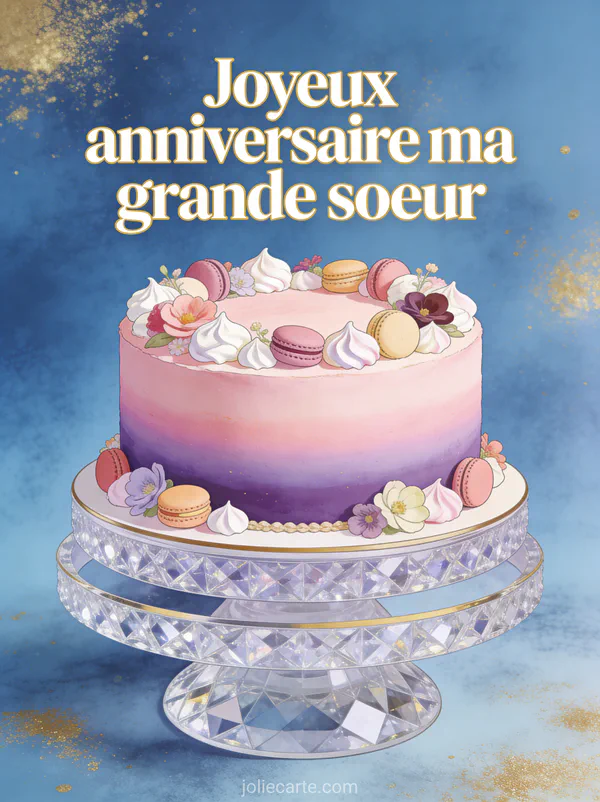 Gâteau d'anniversaire ombré rose violet avec meringues macarons et fleurs comestibles sur présentoir cristal