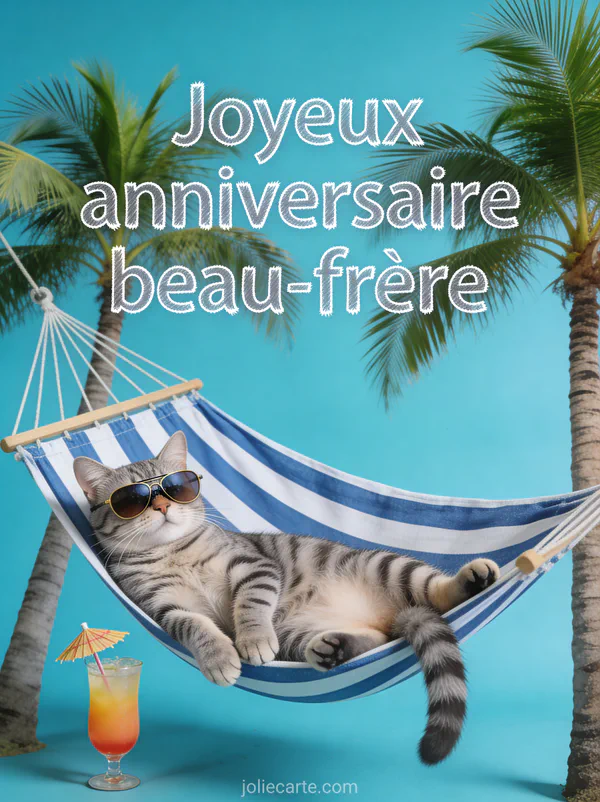 Chat tigré gris avec lunettes de soleil allongé dans un hamac rayé entre deux palmiers avec cocktail