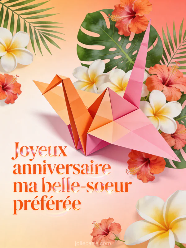 Flamant rose en origami géant corail entouré de frangipaniers hibiscus et feuilles de monstera