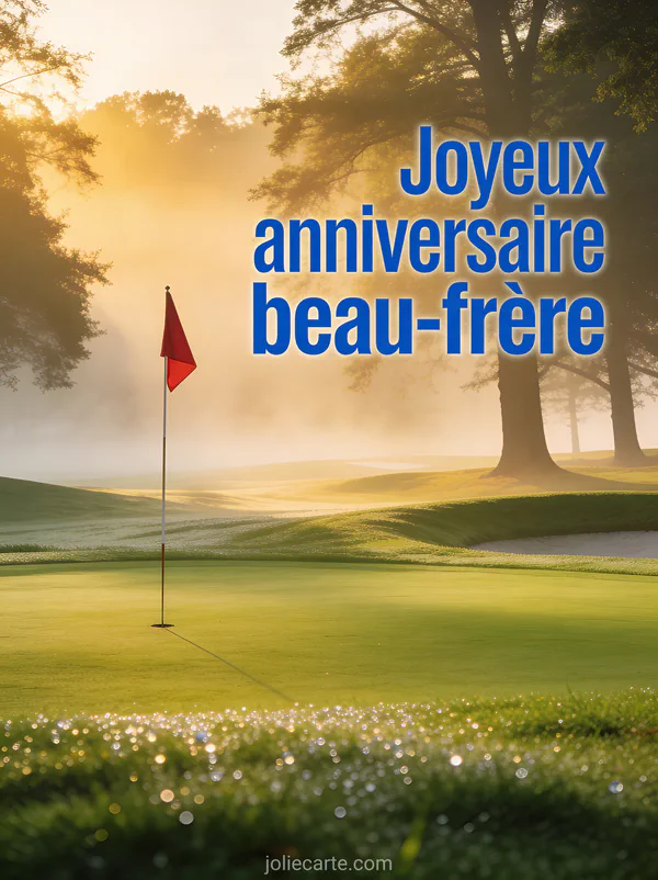 Terrain de golf au petit matin avec green impeccable, rosée scintillante, drapeau rouge et lumière dorée rasante