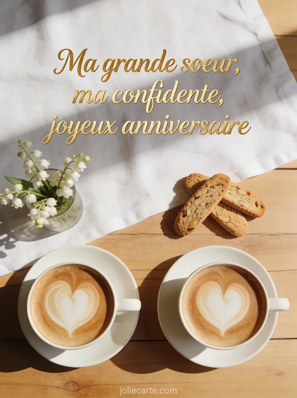 Deux tasses de café latte art cœur vues du dessus sur table en bois clair avec biscottis et muguet