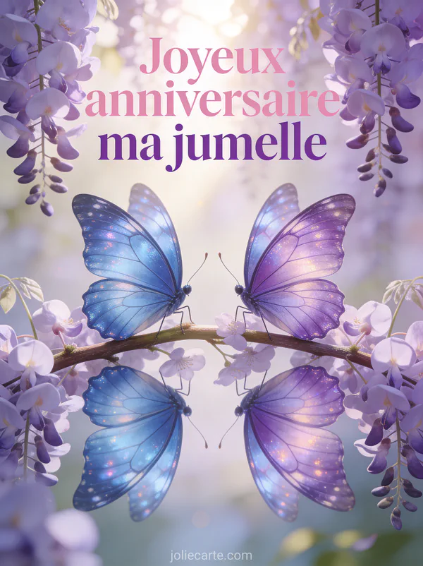 Deux papillons iridescents bleu et violet face à face sur une branche de glycine mauve en lumière douce