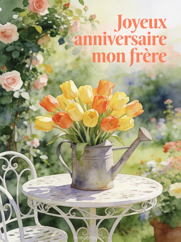 Bouquet de tulipes jaunes et oranges dans un arrosoir en zinc vintage sur table de jardin avec rosiers en fond