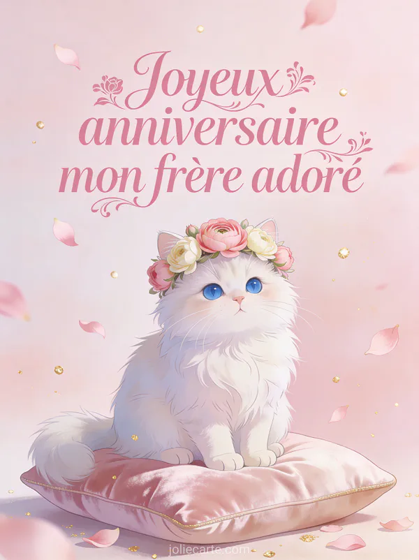 Chat persan blanc aux yeux bleus avec couronne de renoncules roses sur coussin de velours rose pâle