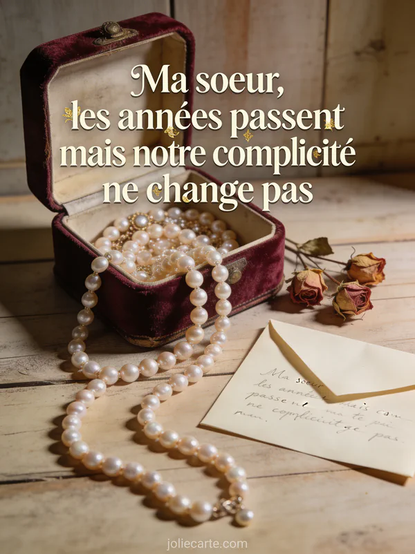 Boîte à bijoux en velours bordeaux ouverte avec collier de perles, roses séchées et lettre manuscrite