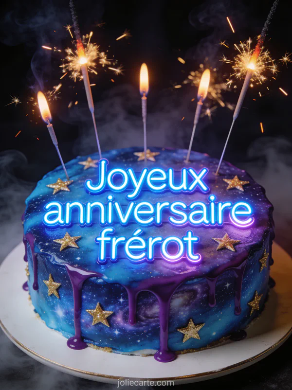Gâteau galaxy bleu avec étoiles dorées, coulis violet et sparklers allumés projetant des étincelles sur fond sombre