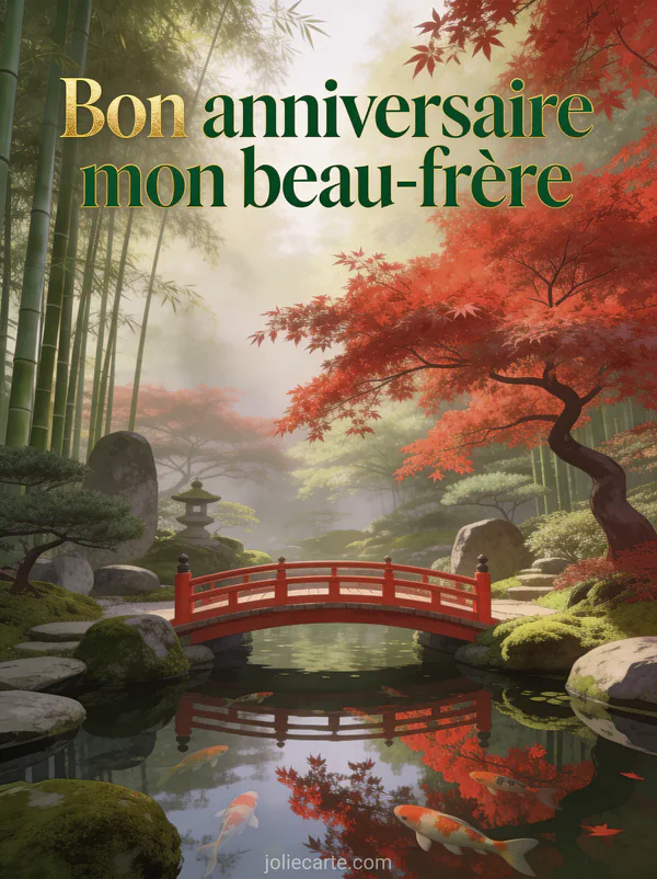 Jardin japonais zen avec pont rouge laqué au-dessus d'un étang de carpes koï, érables rouges et bambous