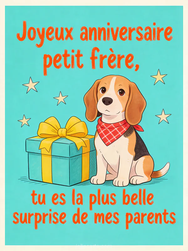Chien beagle attendrissant avec bandana à carreaux rouge assis à côté d'un gros cadeau avec nœud jaune