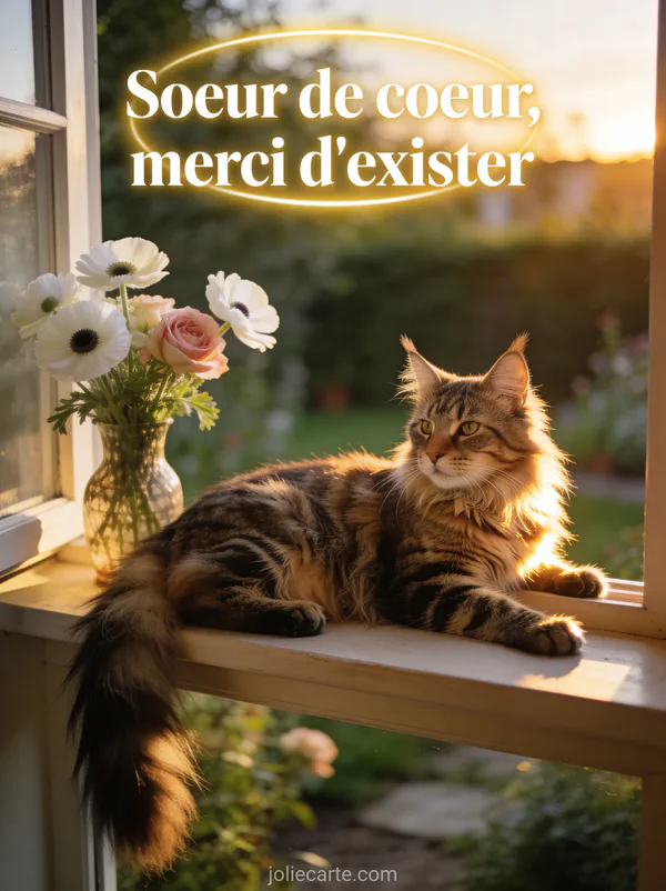 Chat maine coon tabby allongé sur rebord de fenêtre en contre-jour doré avec anémones blanches et roses