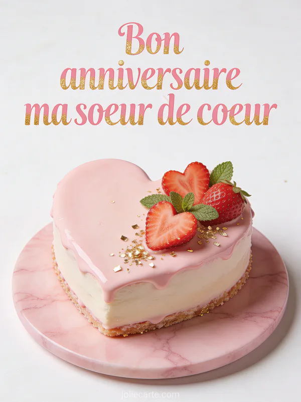 Gâteau en forme de cœur glaçage rose pâle avec fraises en cœur et paillettes dorées sur marbre rose