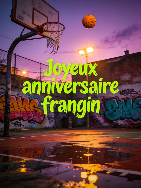 Terrain de basket urbain au crépuscule avec ballon en l'air, panier, graffitis colorés et flaques reflétant les lumières