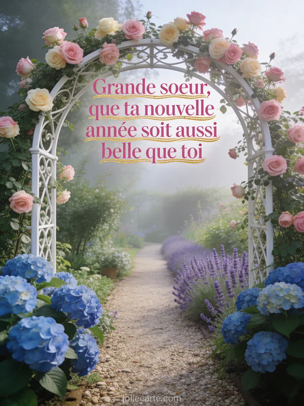 Arche en fer forgé blanc couverte de roses grimpantes dans un jardin anglais avec hortensias et lavande