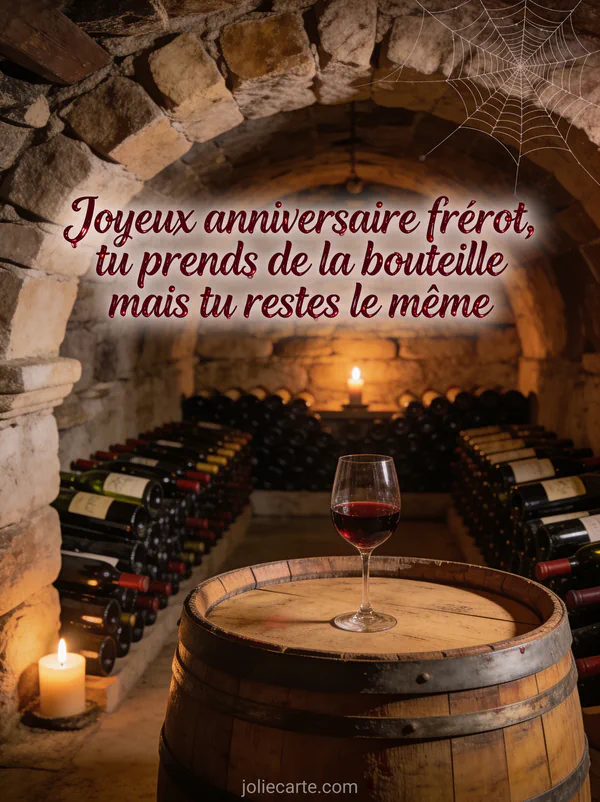 Cave à vin voûtée en pierres anciennes avec bouteilles, tonneau en chêne et verre de vin rouge à la lueur de bougies