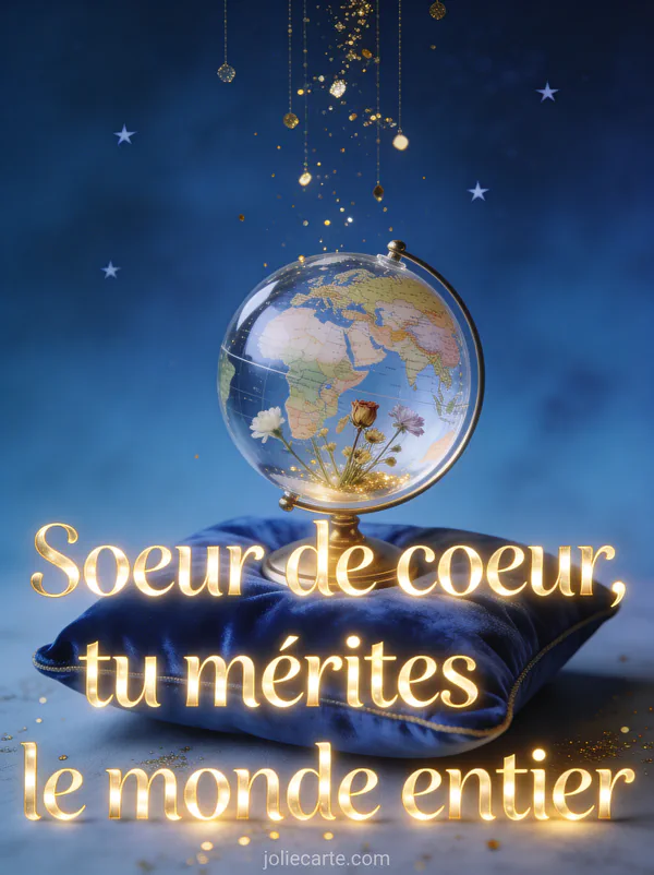 Globe en verre miniature avec fleurs séchées et paillettes dorées posé sur coussin velours bleu roi