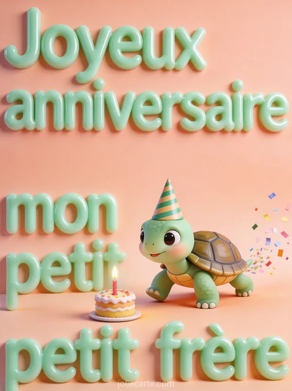 Tortue mignonne avec chapeau de fête à rayures avançant vers un mini gâteau avec bougie et confettis