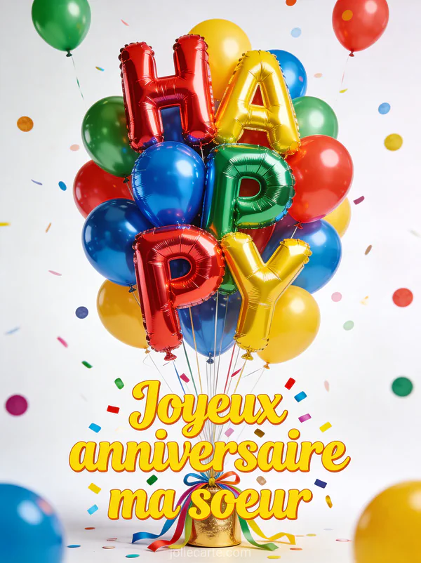 Ballons métallisés en forme de lettres HAPPY multicolores avec confettis ronds sur fond blanc lumineux