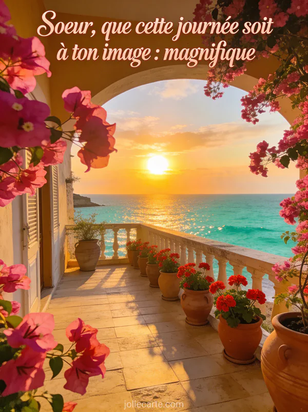 Terrasse méditerranéenne avec bougainvilliers fuchsia, géraniums rouges et coucher de soleil sur mer turquoise