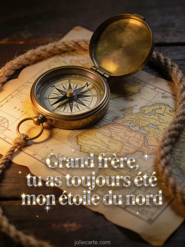 Boussole ancienne en laiton ouverte sur carte maritime vintage avec corde marine et bois patiné