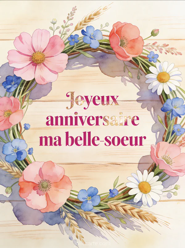 Couronne de fleurs sauvages cosmos roses bleuets marguerites et graminées sur fond de bois clair