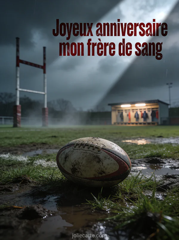 Terrain de rugby boueux avec ballon ovale sur herbe mouillée, poteaux en H dans la brume et ciel dramatique