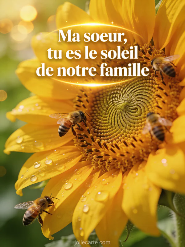 Tournesol géant en gros plan avec gouttes de rosée, abeilles qui butinent et bokeh doré en arrière-plan