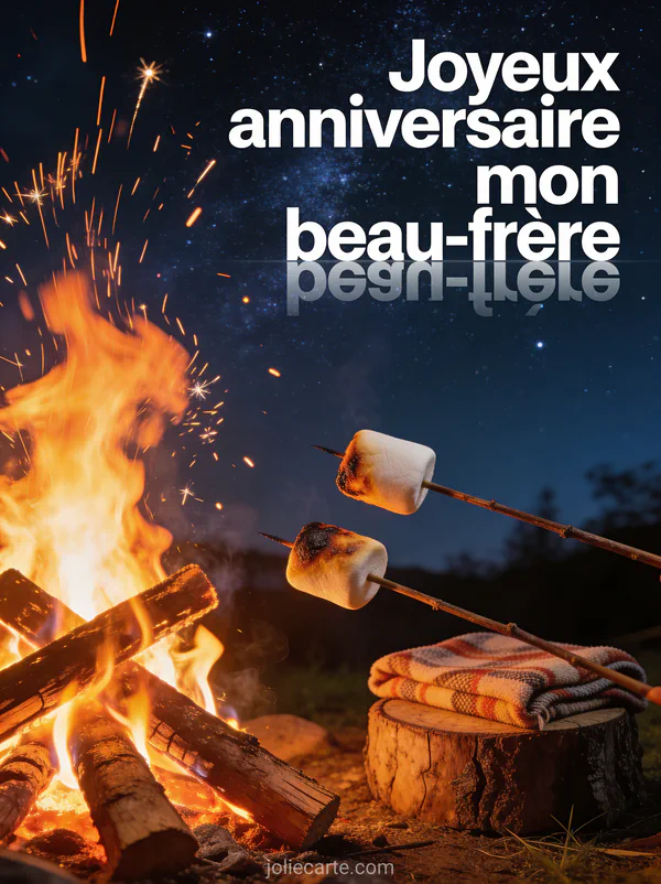 Feu de camp crépitant la nuit avec flammes orangées, étincelles sous ciel étoilé et marshmallows grillant