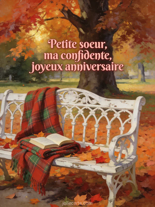 Banc en fer forgé blanc dans un parc d'automne avec feuilles orangées, plaid écossais et livre ouvert