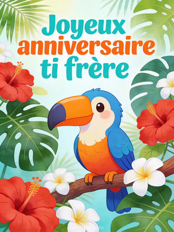 Toucan coloré au bec orange et bleu perché sur branche tropicale avec hibiscus rouges et frangipaniers blancs