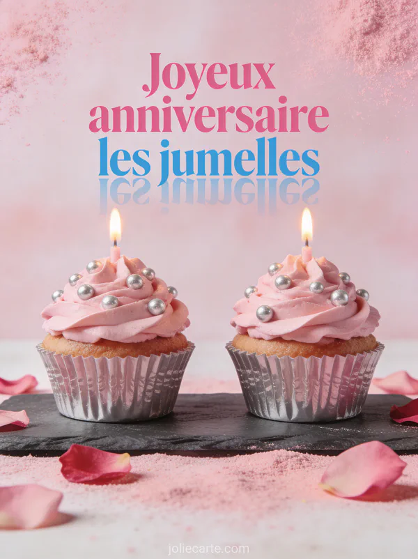 Deux cupcakes identiques crème rose avec perles argentées et bougies allumées sur plateau ardoise