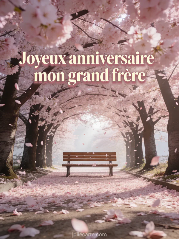 Allée de cerisiers en fleurs roses formant un tunnel avec pétales tombant, banc en bois et lumière douce filtrée