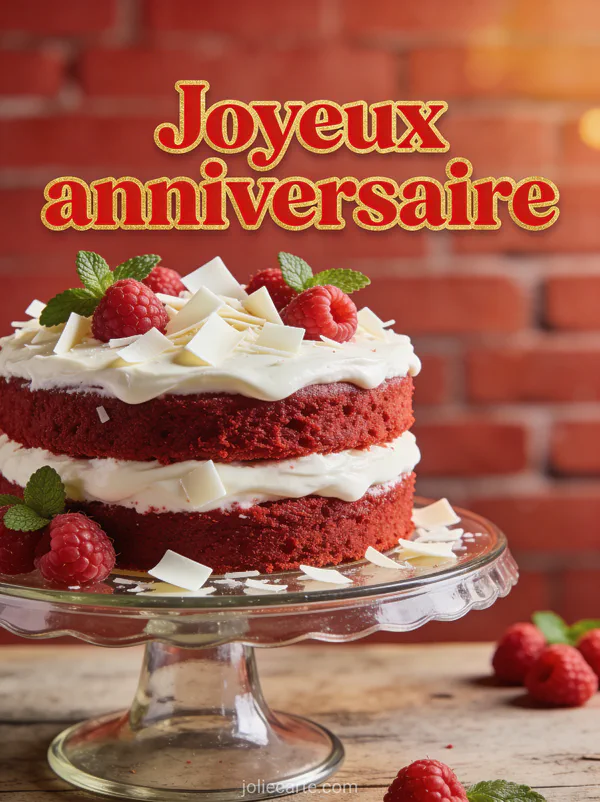 Gâteau red velvet deux étages avec glaçage cream cheese blanc, framboises et menthe sur présentoir en verre