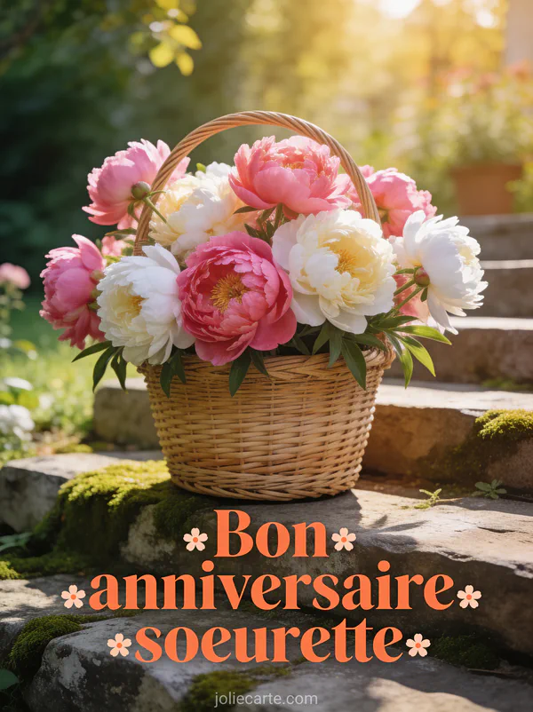 Panier en osier débordant de pivoines rose vif et blanc crème sur marches en pierre avec mousse