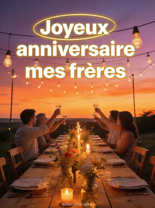 Table de banquet festive en extérieur au crépuscule avec guirlandes d'ampoules, bougies et fleurs sauvages en bocaux