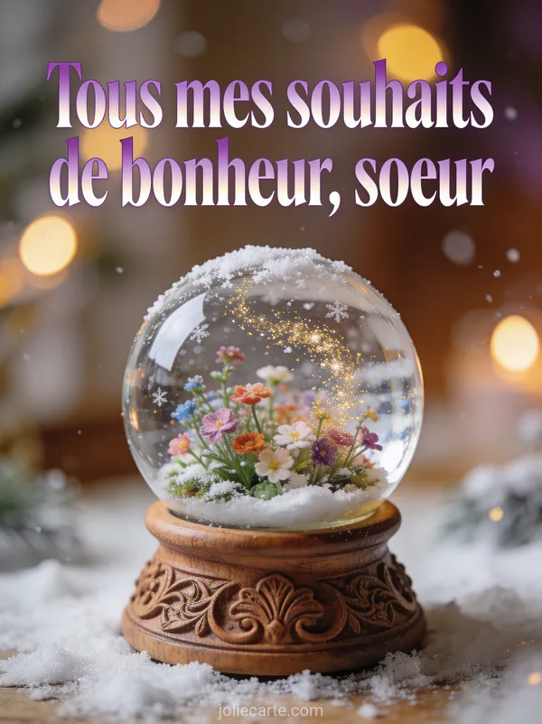 Boule à neige décorative avec jardin miniature fleuri et neige dorée sur socle en bois sculpté