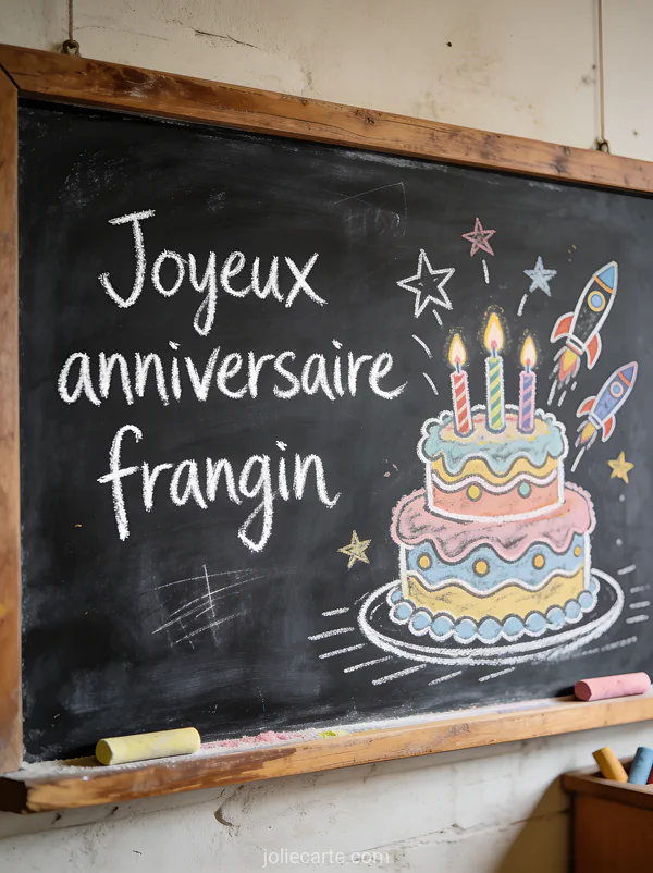 Tableau noir en ardoise avec dessin à la craie colorée d'un gâteau fantaisiste, bougies et étoiles style rétro