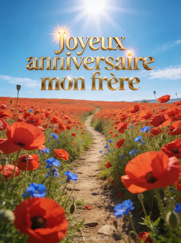 Champs de coquelicots rouges à perte de vue avec bleuets sous un ciel bleu d'été et chemin de terre