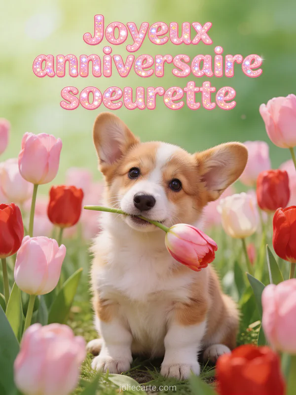 Chiot corgi adorable assis dans un champ de tulipes roses et rouges avec une tulipe dans la gueule